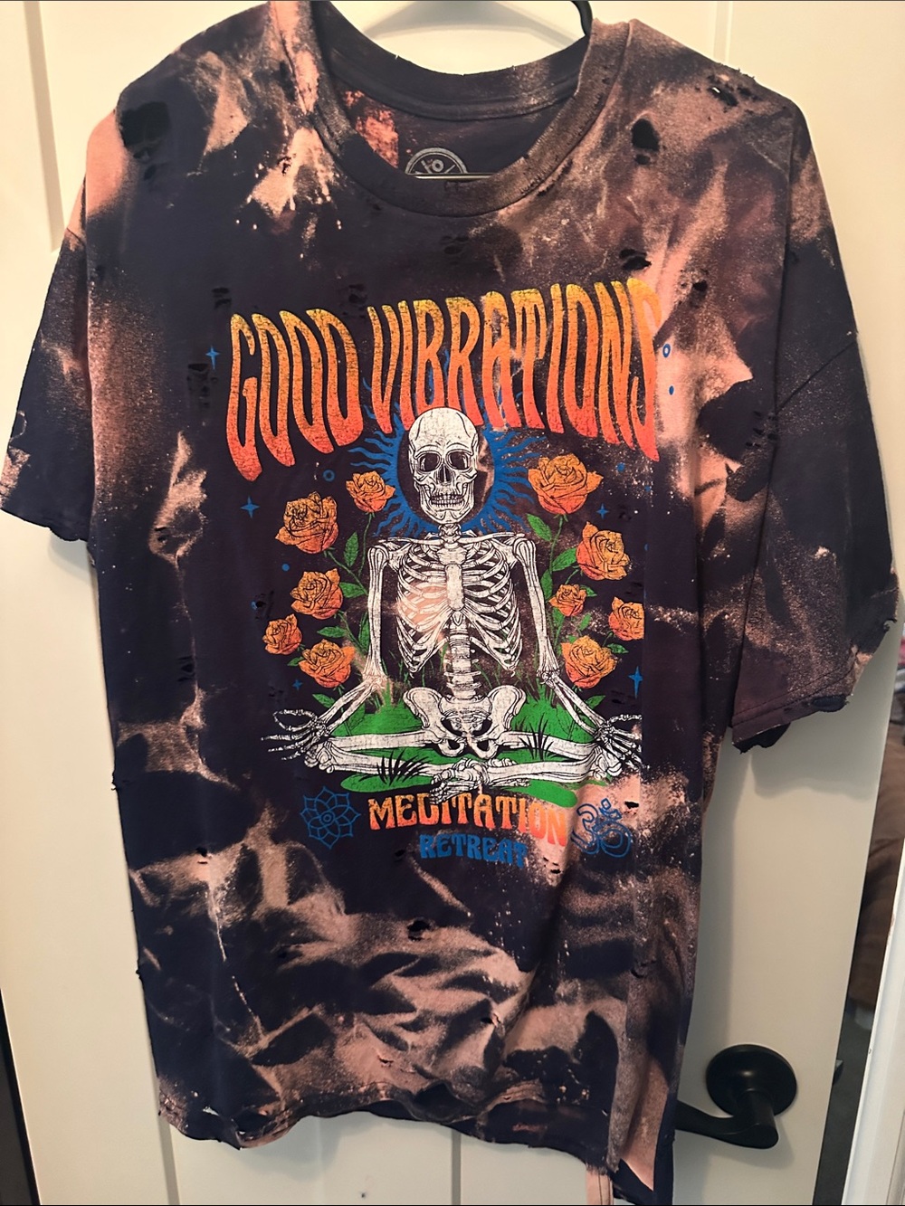 Custom Distressed Good Vibration Graphic Tee - Navy and Peach Tie-Dye